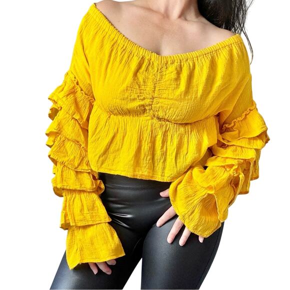 Vintage 90s Y2K Cha Cha Ruffled Bright Yellow Cropped Blouse Size XL - Picture 2 of 5